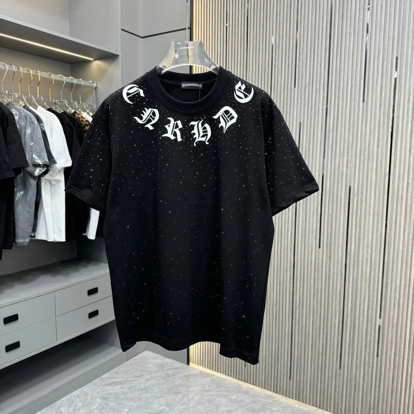 Chrome Hearts T-shirt Engraved with Lettering Film and Fully Adorned with Diamonds logo round Neck Short Sleeve25ss New Pure Cotton Unisex Style T Casual T-Shirt Base Layer Shirt OS Loose Fit Half Sleeve Top Plus Size
