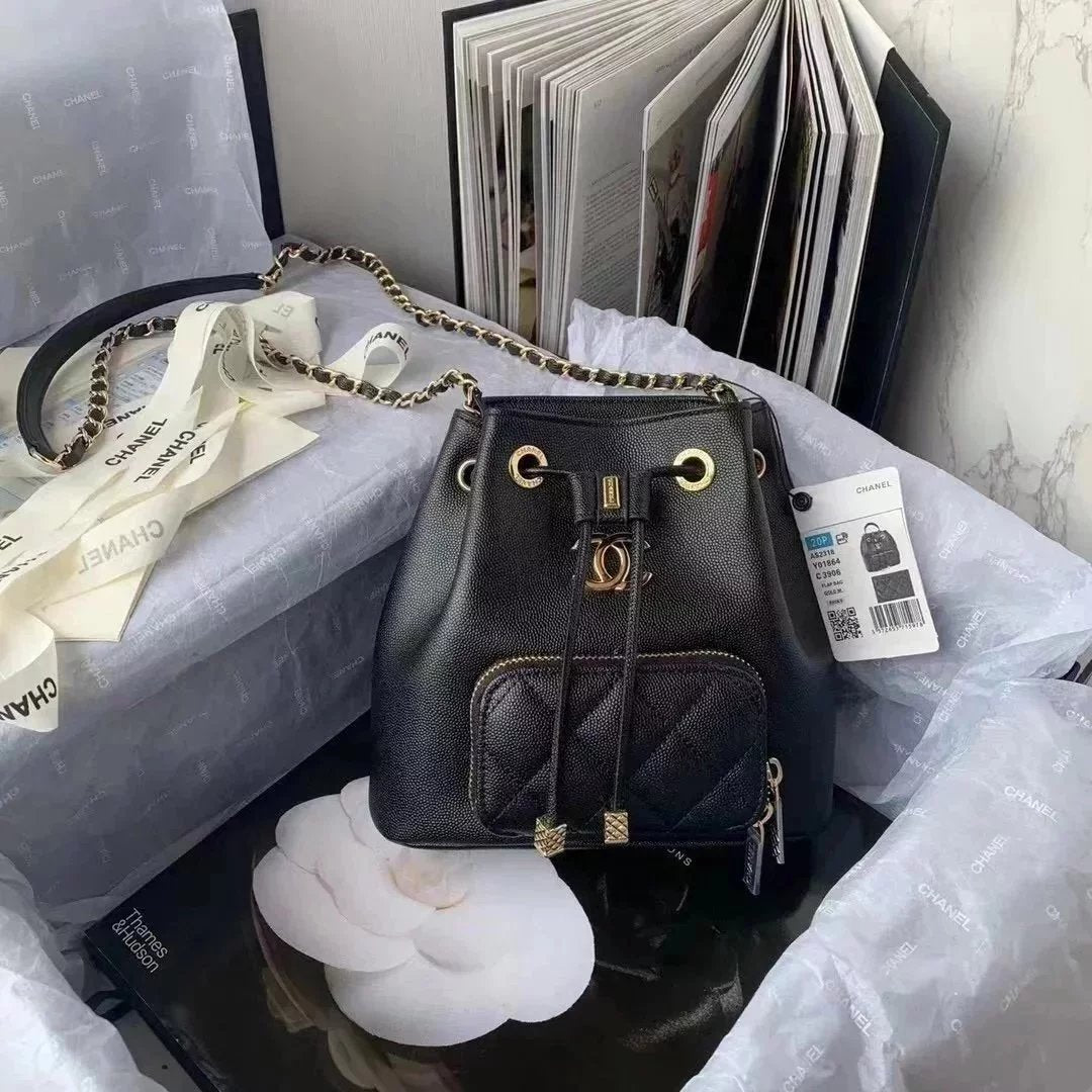 Chanel Backpack Bag Top version 2022New22P Latest Concept Women's Drawstring Small Bucket Bag Cowhide Lychee Pattern Ball Pattern Caviar Drawstring Bucket Bag Women's Bag Shoulder Crossbody Backpack as2318