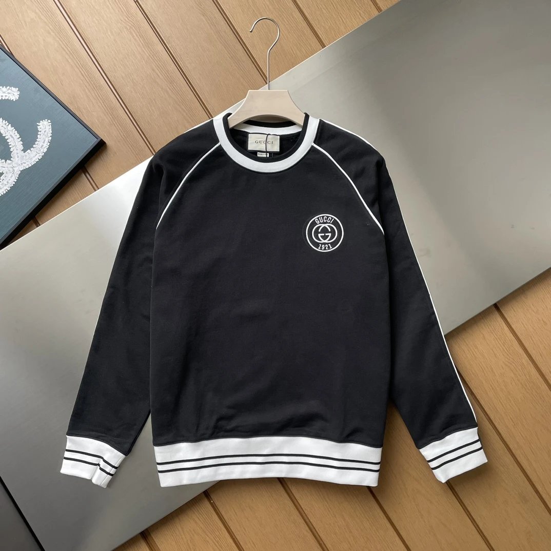 Gucci Hoodie 24ss Retro Classic1921Series Embroidered Ribbed Color-Block Design Crewneck Sweatshirt Home Crewneck Sweatshirt Pullover Long Sleeve Base Shirt Outerwear Fashion Unisex Sports Casual OS Loose Fit Versatile New Autumn Winter Collection