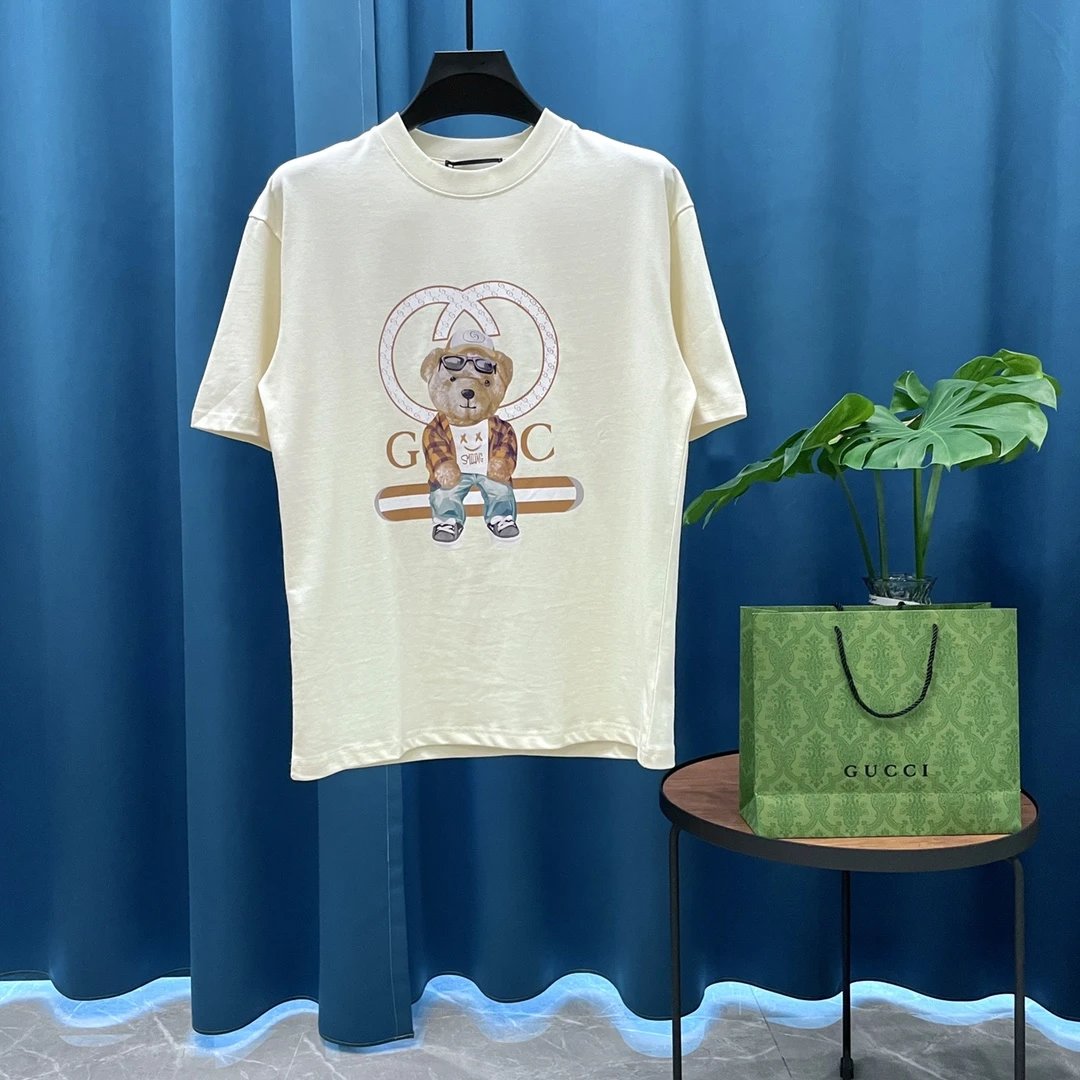 Gucci T-shirt Bear Print on the Chest logo round Neck Short Sleeve25ss New Pure Cotton Unisex Style T T-shirt OS Loose Fit Base Shirt Casual Top Short Sleeve T-Shirt