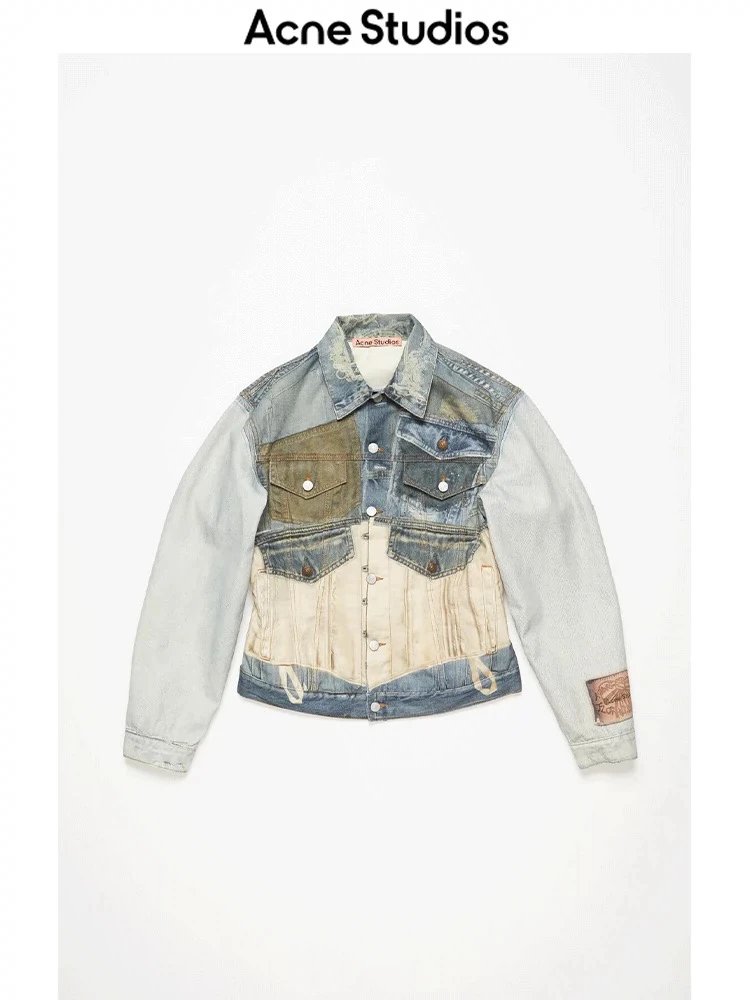 Acne Studios Jackets Top Version New Casual3D Printed Retro Patchwork Faded Printed Cotton Denim Coat for Men and Women