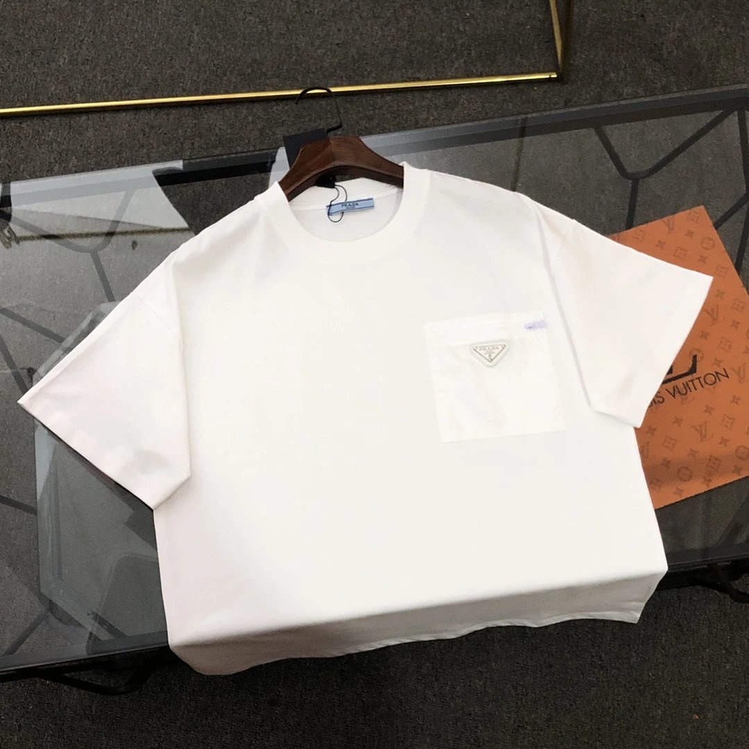 PRADA T-shirt 2025New Classic Iron Standard logo Pocket Crew Neck Short Sleeve Pure Cotton T T-shirt ins Unisex Simple Summer New Casual Base Shirt T-Shirt