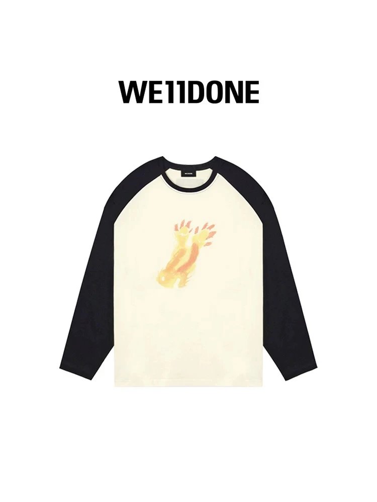 We11done Hoodie Top Version Neutral Men's and Women's Same Classic Monster Series Printed Black Color Matching Raglan Long Sleeve T T-shirt