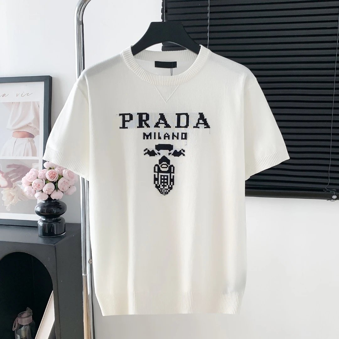 PRADA T-shirt Knitted Front logo round Neck Short Sleeve25ss New Pure Cotton Unisex Style T T-shirt OS Loose Fit Base Shirt Half Sleeve T-Shirt Top Half Sleeve