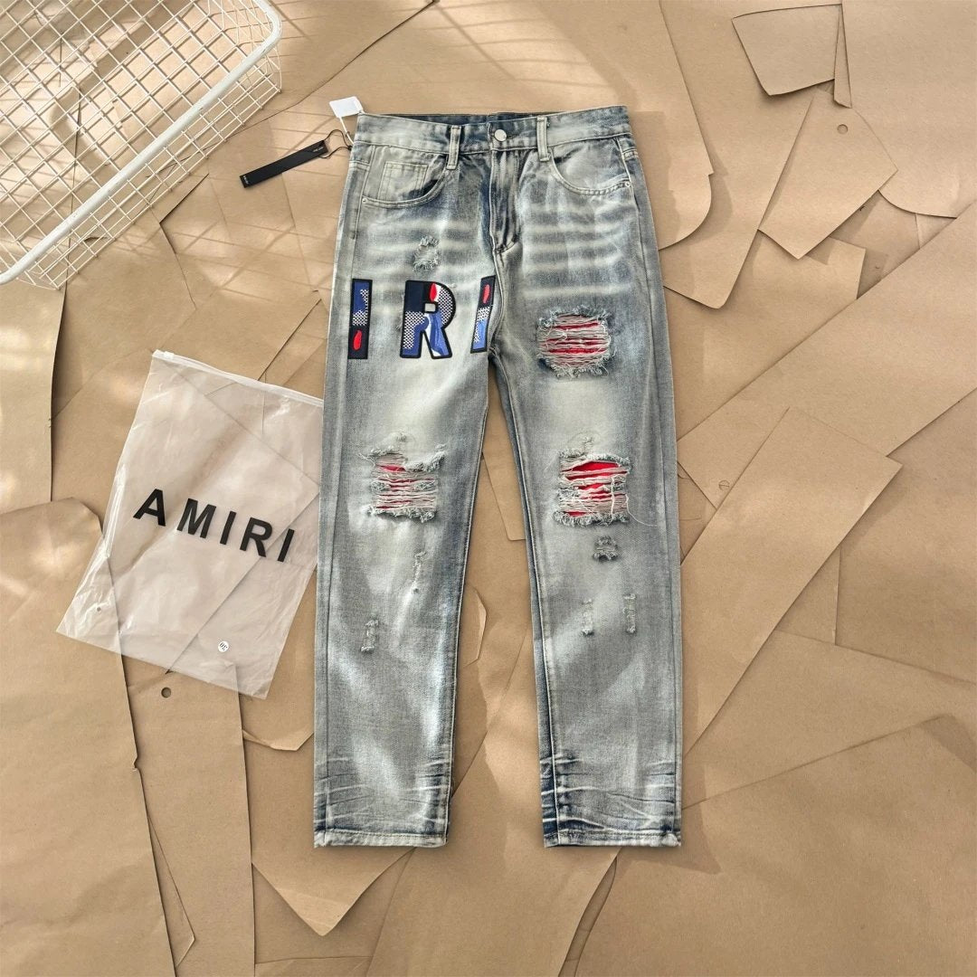 Amiri Jeans Front and Back Color-Block Letter Patch Embroidery logo25ss Spring Summer New Straight Loose Jeans Unisex Slim Fit Long Pants