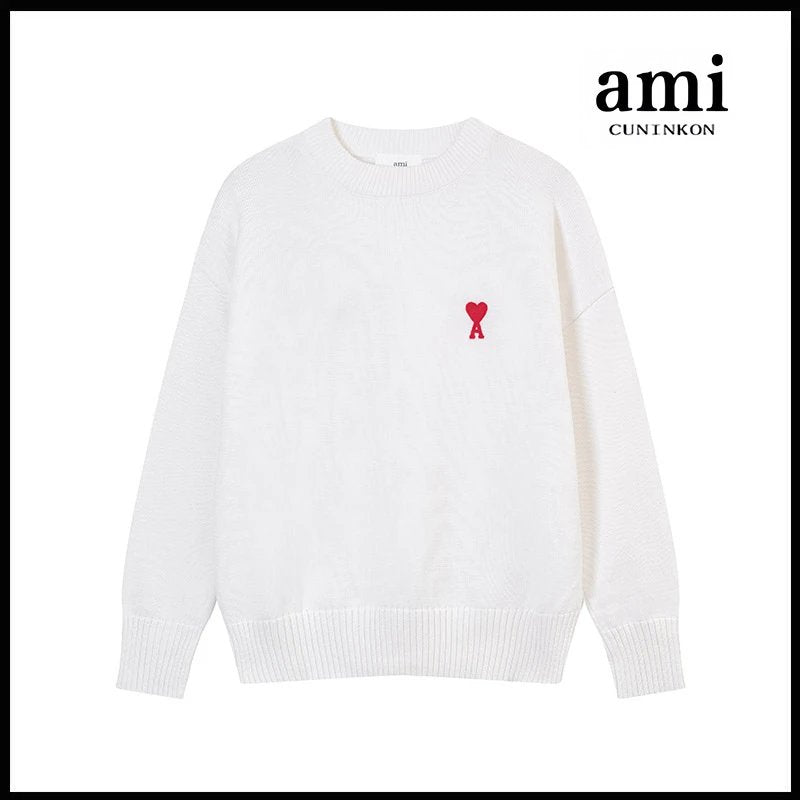 Ami Sweater Knitwear Classic round Neck Big Heart Jacquard Pullover Sweater Loose and Idle Sense Casual Couple Outfit-CY