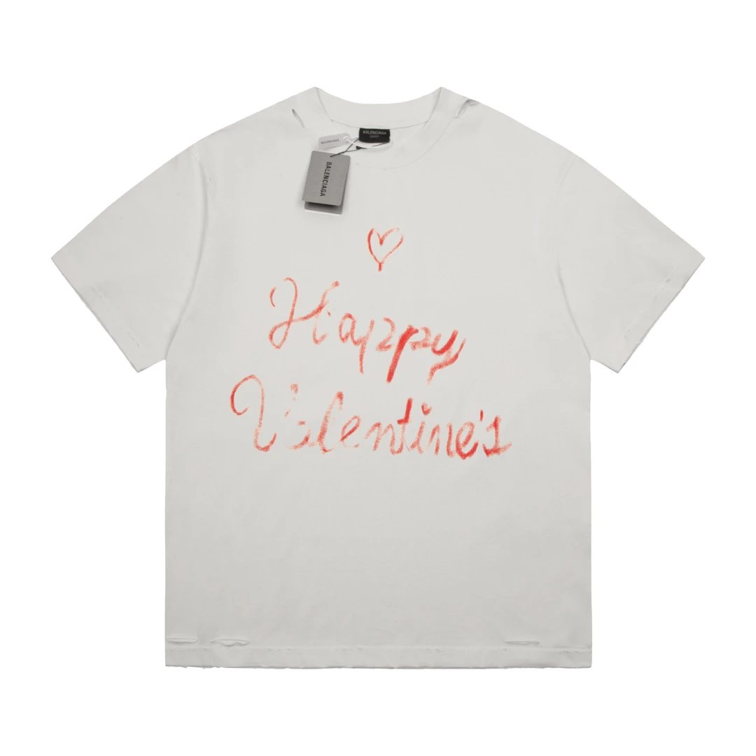Balenciaga T-shirt Valentine's Day Limited Edition Frayed Crew Neck Short Sleeve25ss New pure cotton T Unisex T-Shirt OS Drop Shoulder Style Base Shirt Top T-Shirt Half Sleeve