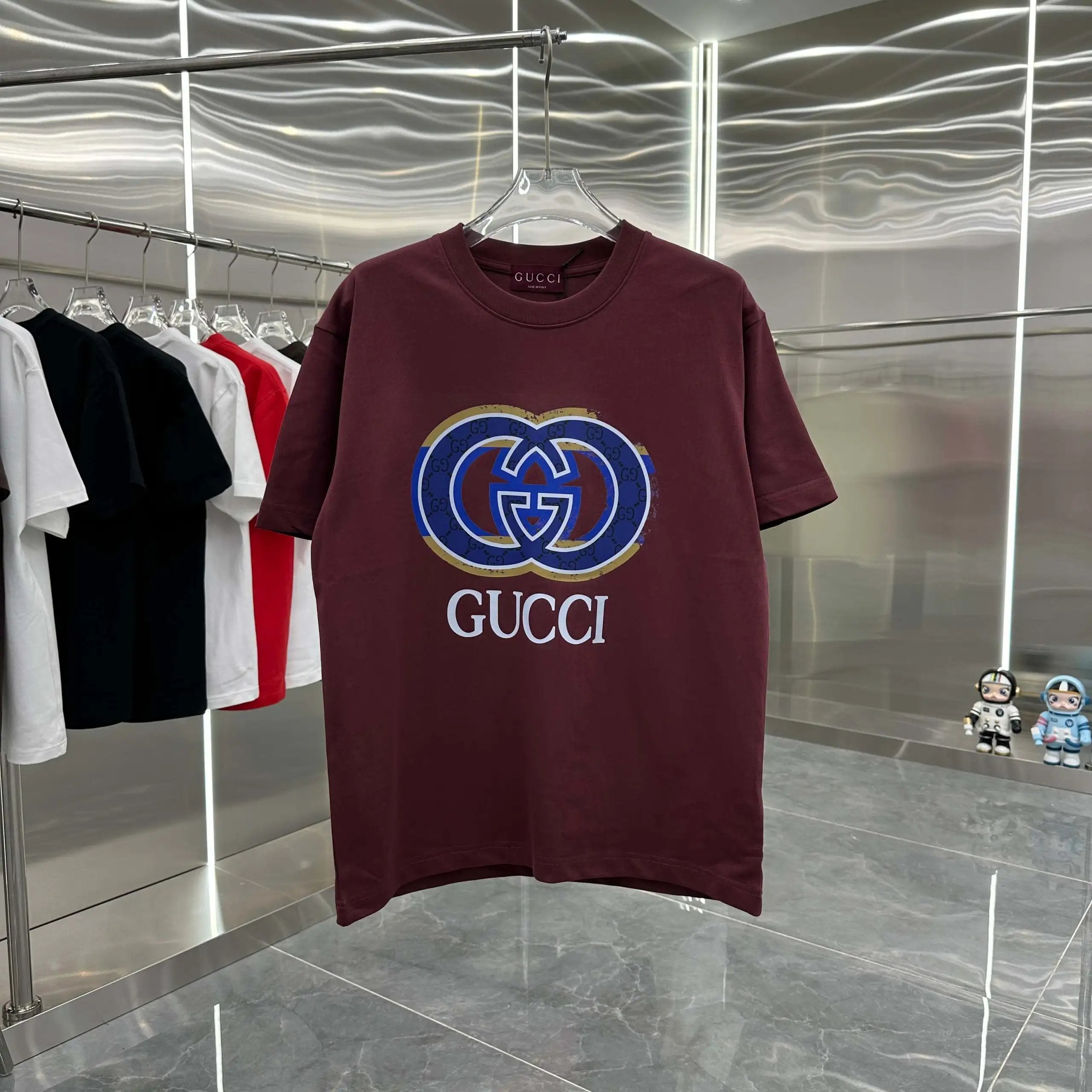 Gucci T-shirt Double Button Front Personality Print Round Neck Short Sleeve25ss New Pure Cotton Unisex Style T T-shirt OS Loose Fit Base Shirt Short Sleeve Top T-Shirt