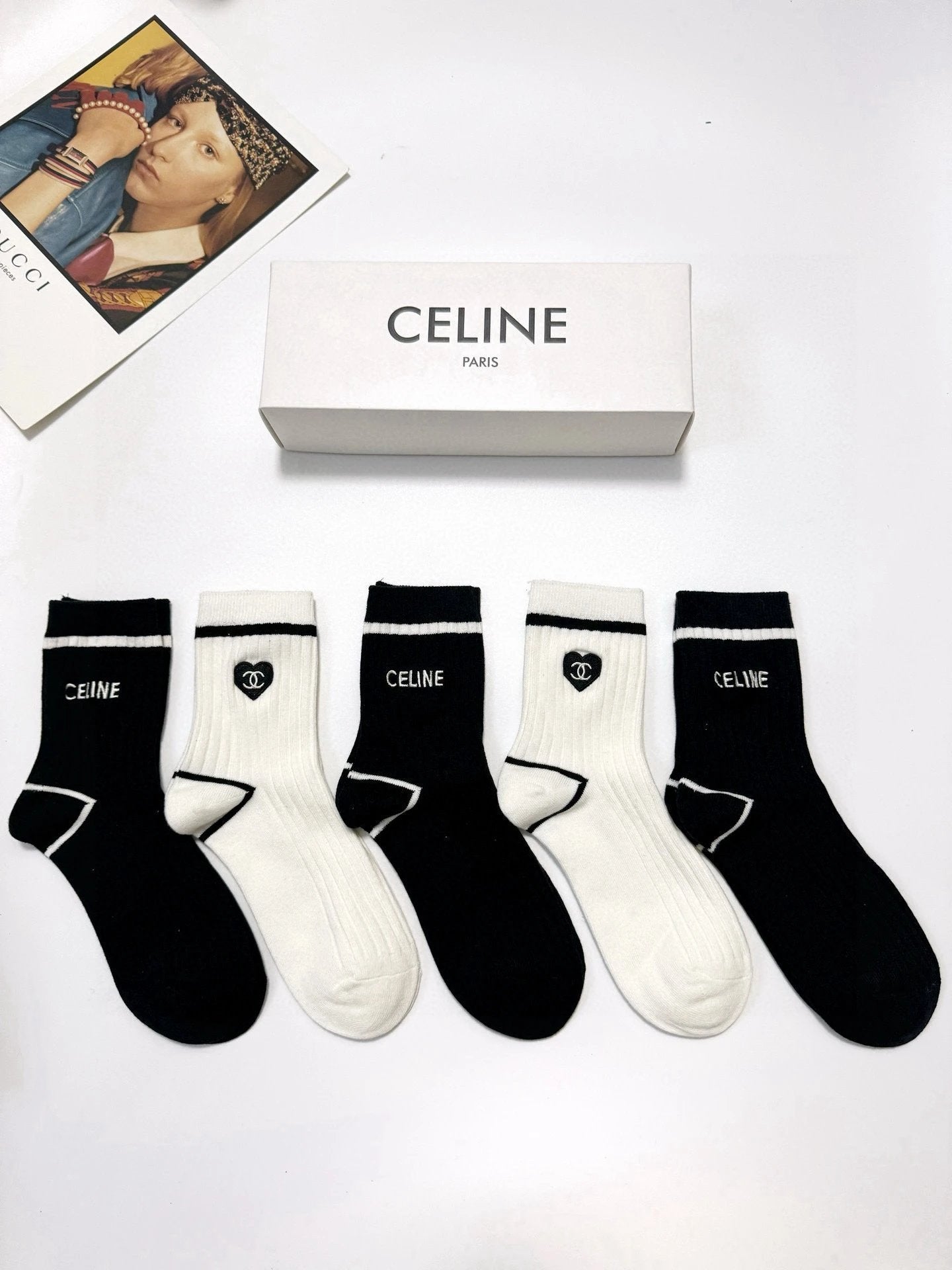 Celine Sock 【a Box5Double】Classic Letters logo Breathable and Stylish Pure Cotton Mid-Calf Socks25ss New Cotton Socks Spring Summer Autumn Thin Business Deodorant Sweat-Absorbing Sports Casual Versatile