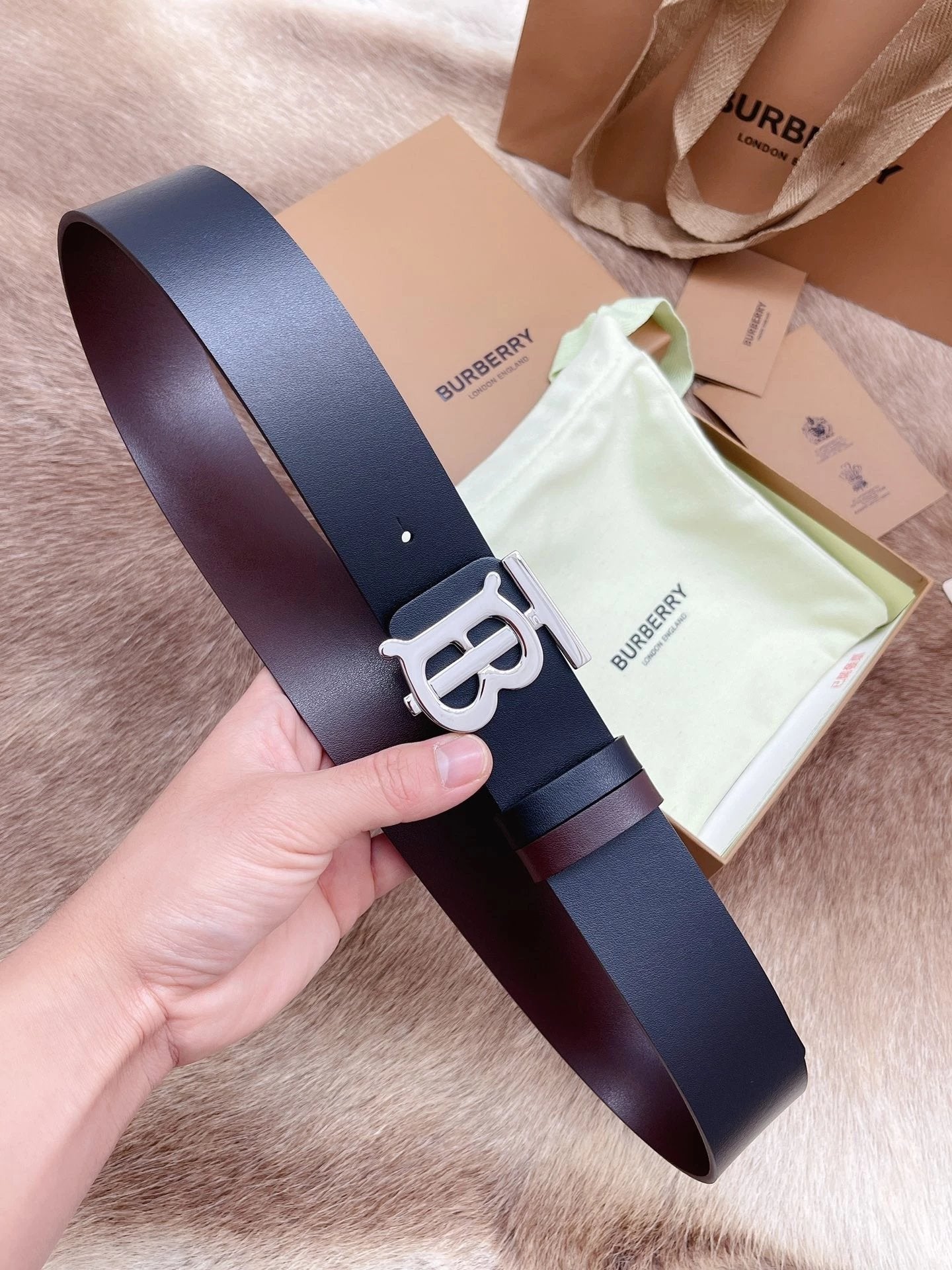 Burberry Belt Top version 【Full Package】New Men's Leather Belt Width3.5cm Double-Sided Imported First Layer Calfskin Full Grain Leather Genuine Goods Quality Original Letter Rotating Buckle Counter Full Set Gift Box Packaging B Home Belt