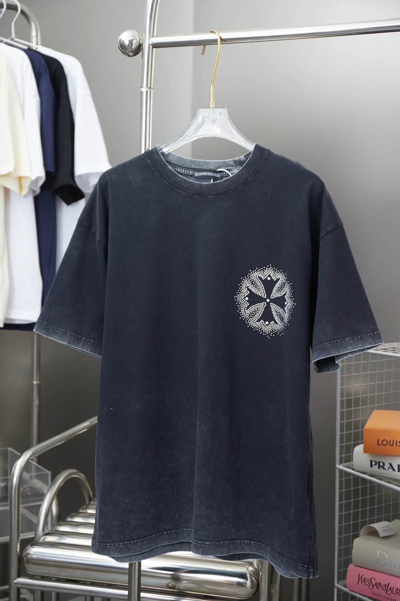 Chrome Hearts T-shirt Early Spring New Style Horseshoe Rhinestone Short Sleeve Round Neck Short Sleeve25ss New Pure Cotton Unisex Style T T-shirt OS Loose Fit Base Shirt Short Sleeve Top T-Shirt