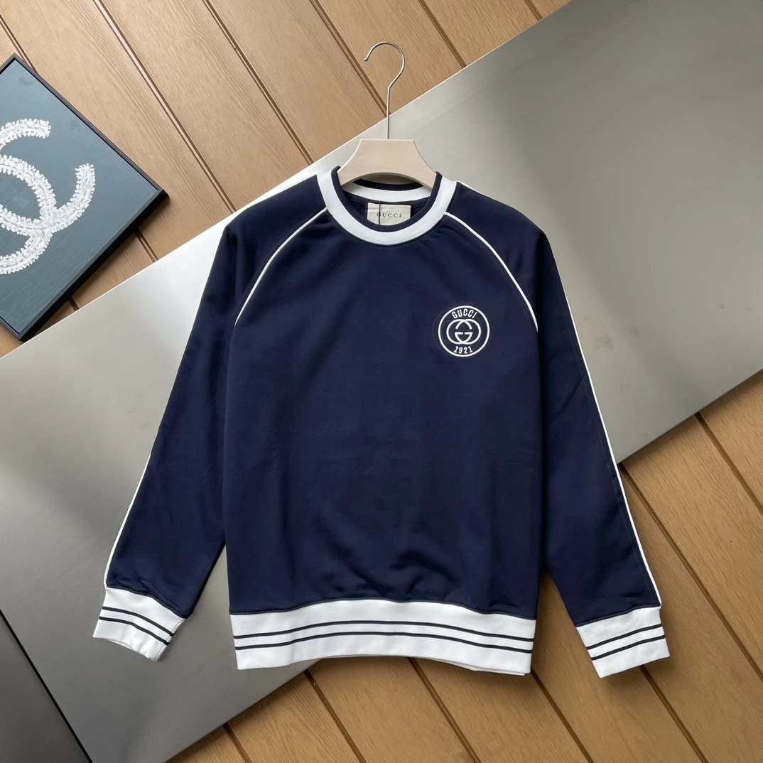 Gucci Hoodie 24ss Retro Classic1921Series Embroidered Ribbed Color-Block Design Crewneck Sweatshirt Home Crewneck Sweatshirt Pullover Long Sleeve Base Shirt Outerwear Fashion Unisex Sports Casual OS Loose Fit Versatile New Autumn Winter Collection