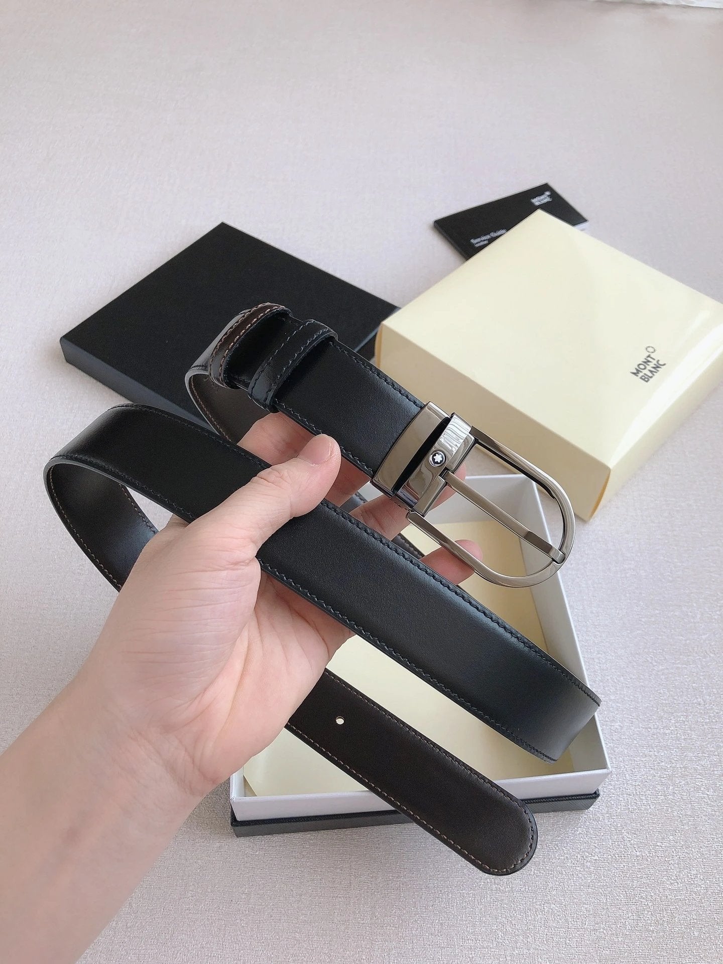 Montblanc Belt Top version 【Original Factory】Men's Leather Belt Width3.5cm Quality Full Set Packaging Original Imported Double-Sided Head Layer Cowhide 100% Original Pure Brass Buckle Dual-Use Fashion Elegant Boys Belt M Home New Custom Latest Hot