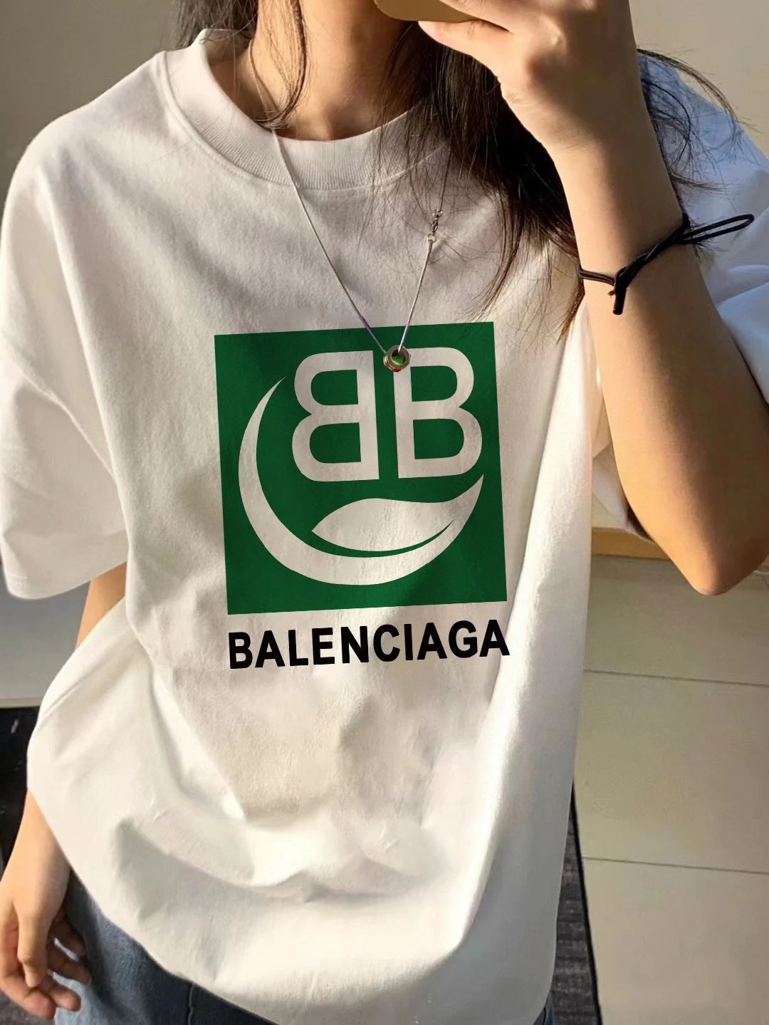 Balenciaga T-shirt Classic Green Double Chest B Letter Printing logo round Neck Short Sleeve25ss New Pure Cotton Unisex Style T T-shirt OS Loose Fit Base Shirt Top Half Sleeve T-Shirt