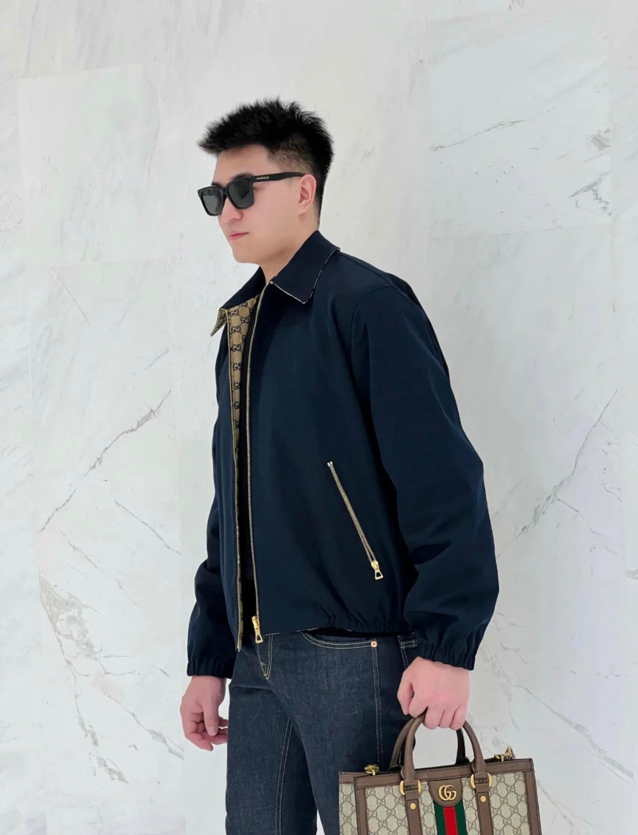 Gucci Jackets 24FW Double G Navy Blue Small Jacquard Reversible Turn-down Collar Jacket Coat Unisex