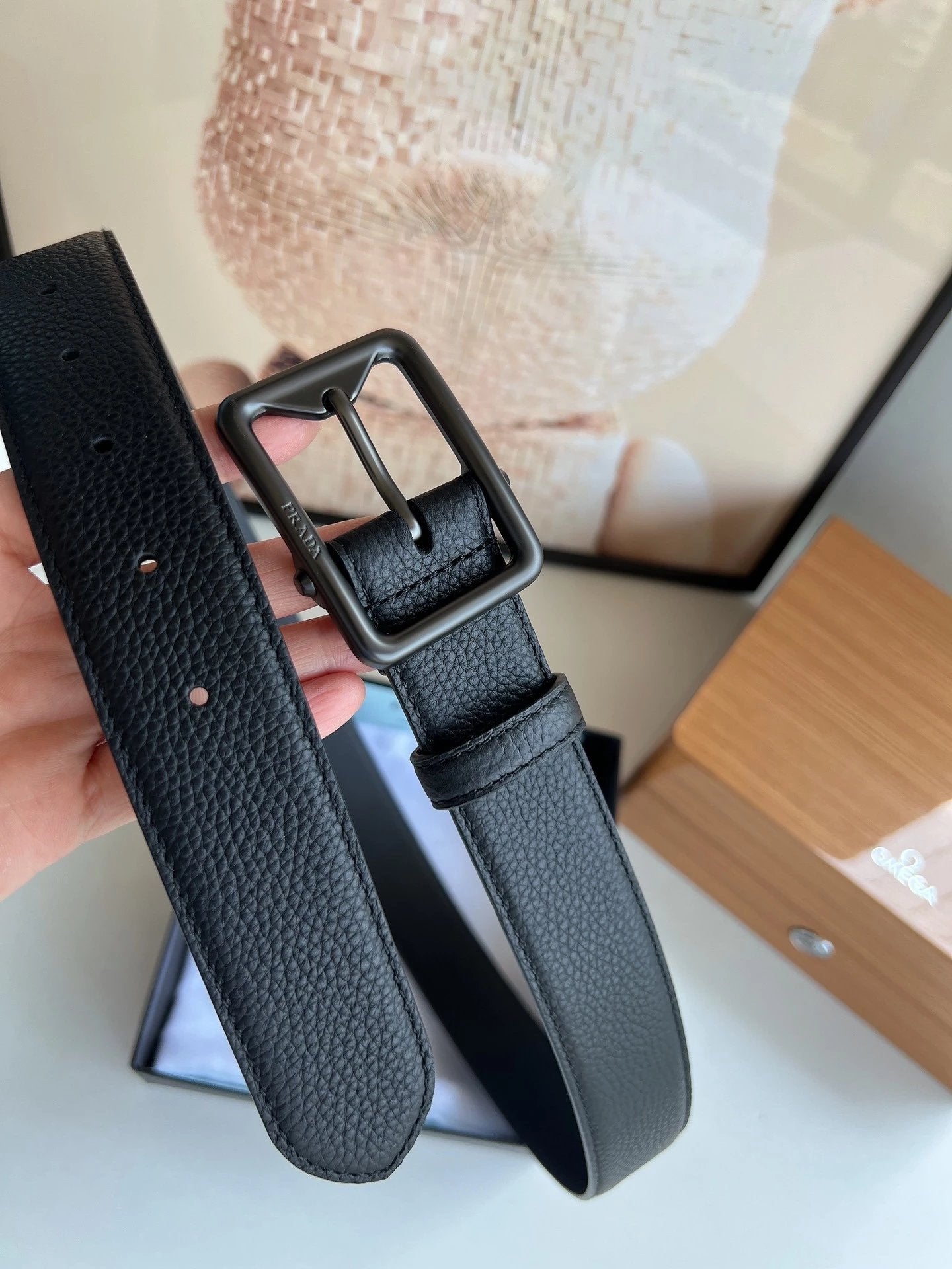 PRADA Belt Top version New Original Order Genuine Belt Men's Pin Buckle Belt Business Casual Cross Pattern Black Coffee Double-Sided Pure Original Leather Imported from Italy Cowhide Leather3.5