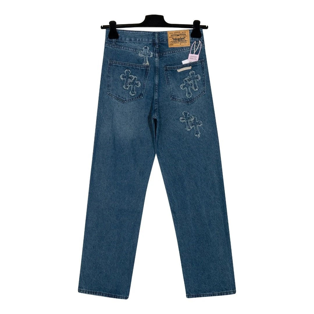 Chrome Hearts Jeans Front and Back Tassel Cross Patch logo25ss Spring Summer New Straight Loose Jeans Unisex Slim Fit Long Pants