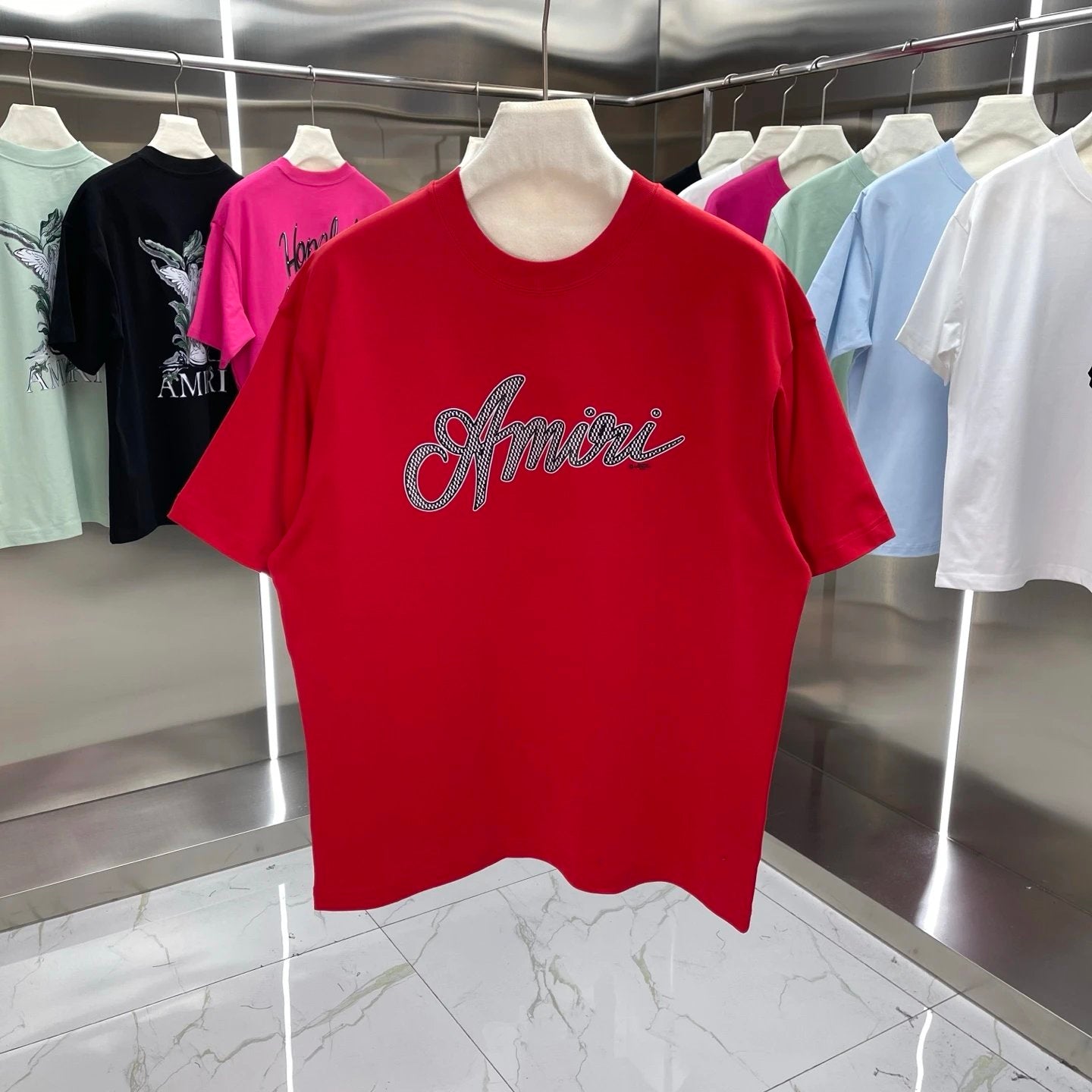 Amiri T-shirt Chest Signature Letter Printing logo round Neck Short Sleeve25ss New pure cotton T Unisex T-Shirt OS Drop Shoulder Loose Fit Base Shirt Top T-Shirt Short Sleeve