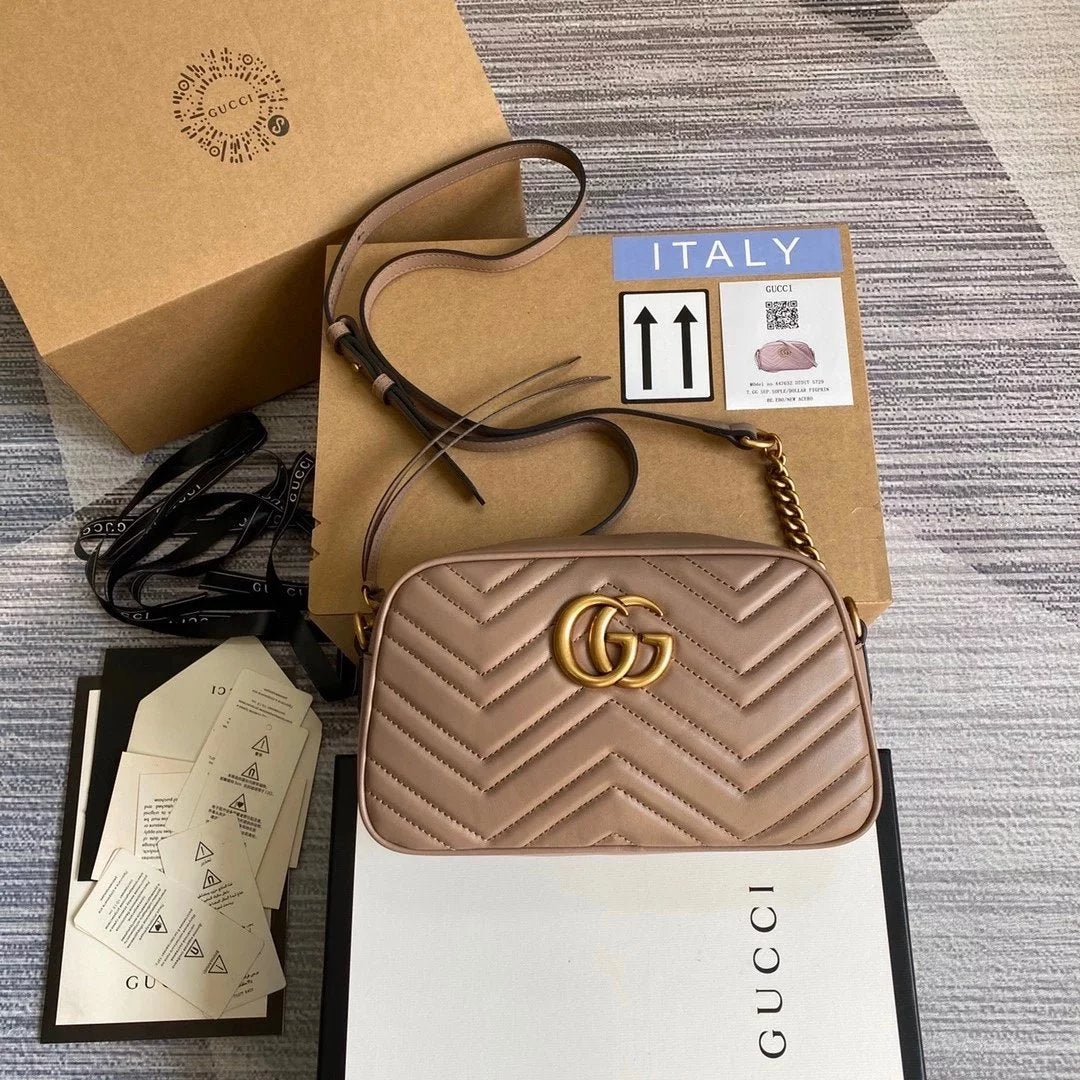 Gucci Women's Bag Top version 【 **Original Leather】Classic Ma Meng Camera Bag Marmont Series Camera Bag Crossbody Bag Large Small Size Size2023New Color Black Hardware Chain Shoulder Bag Large24cm Small Size18cm44763263493644806