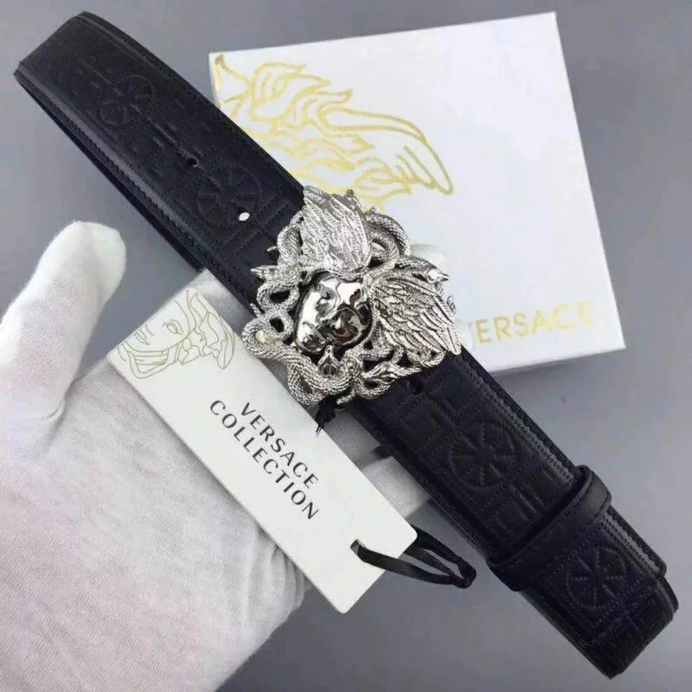 VERSACE Belt Top version Du Meisha Leather Belt Men's Smooth Buckle Cowhide Belt Hair Stylist Korean Style Casual Belt Trendy Men()Gift for Personal Use