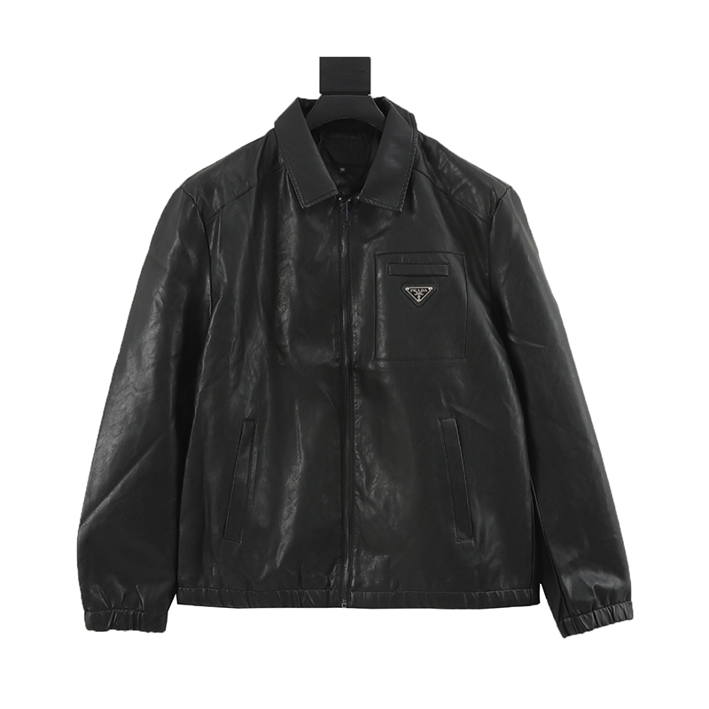PRADA Jackets Triangle Mark Top Layer Leather Jacket for Men and Women