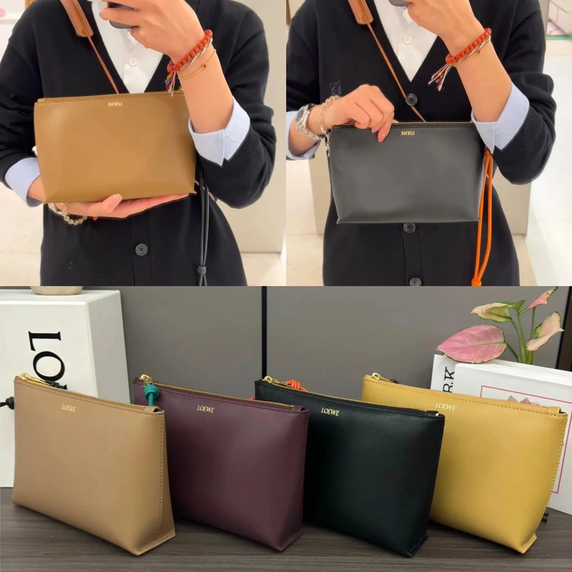 LOEWE Women's Bag Top version 【Super Original Leather】24New Clutch Glossy Napa Cow Leather KnotT Glossy Napa Cow Leather Clutch,Decorative Contrast Color Bends and Hitches Zipper Head and Wrist Strap Luo Jia New Men's Clutch Storage Bag Mobile Phone Bag W