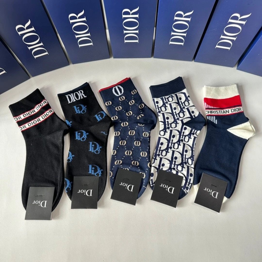 Dior Sock 【Five Pairs Per Box】Classic Letters logo Stacked Socks Breathable Fashion25ss New Cotton Socks Thin Business Sports Casual Spring Summer Autumn Versatile Deodorant Sweat-Absorbing