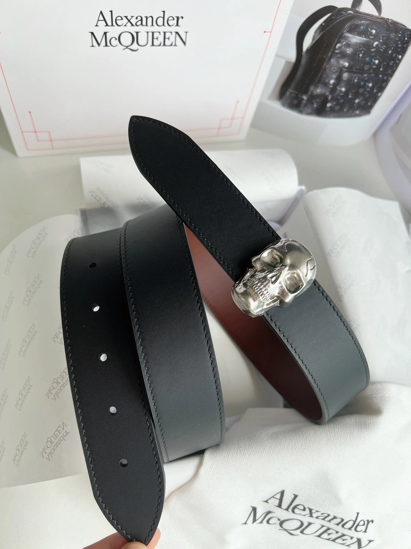 McQueen Belt Top version Original Order Surrogate Shopping Grade Men's Leather Belt Skull Belt Italy Imported First Layer Calfskin with Frosted Bottom,with Vacuum Electroplating Antique Copper Pin Buckle,Official Website New3.5