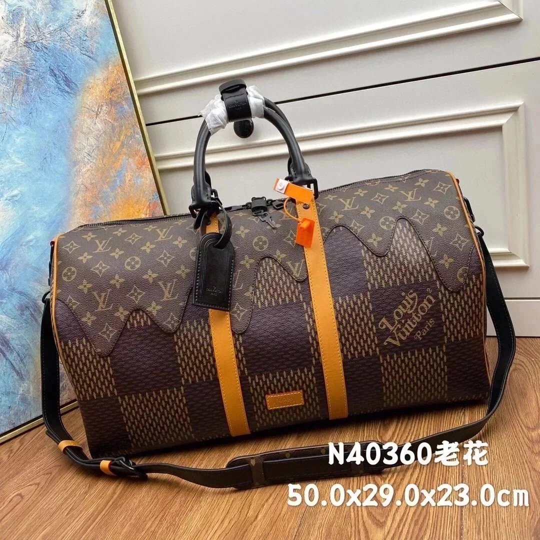 Louis Vuitton LV Travel Bag Top version 【Spot Goods】N40360Nigo Men's Chessboard Bag Keepall50Travel Bag Presbyopic Canvas Stitching Leather Men's Handbag Travel Bag Luggage Bag