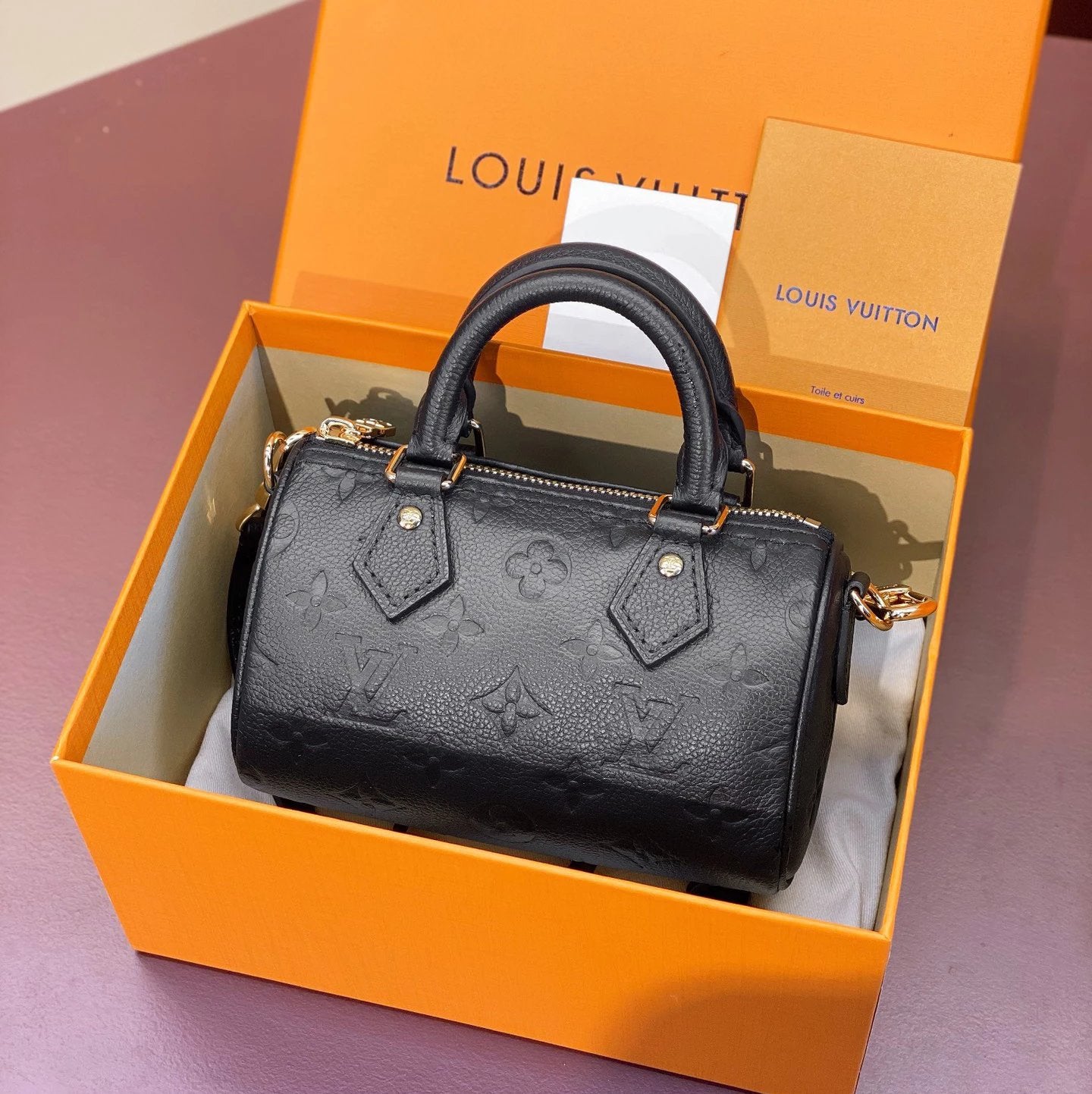 Louis Vuitton LV Women's Bag Top version 【Super Original Factory】M81456Black M81457Brown 100% Leather Embossed Silk Screen NANOSPEED Mini Handbag mini Boston Pillow Bag Detachable Shoulder Strap Messenger Handbag Women's Bag