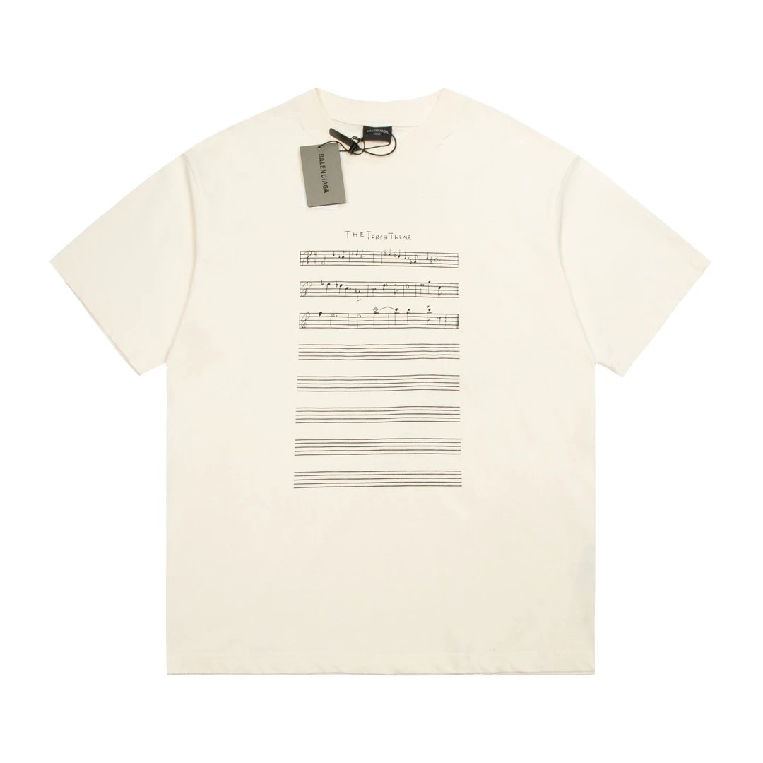 Balenciaga T-shirt Chest Music Note Print logo round Neck Short Sleeve25ss New pure cotton T Unisex T-Shirt OS Drop Shoulder Loose Fit Base Shirt Top T-Shirt Short Sleeve