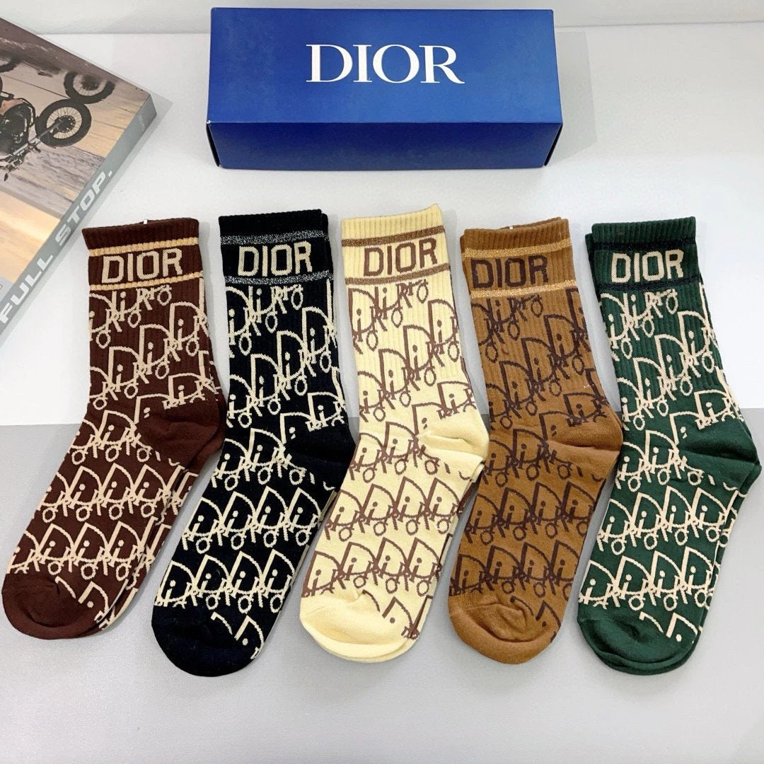 Dior Sock 【a Box5Double】Classic Letters logo Breathable and Stylish Pure Cotton Knee-High Socks25ss New Cotton Socks Spring Summer Autumn Thin Business Deodorant Sweat-Absorbing Sports Casual Versatile