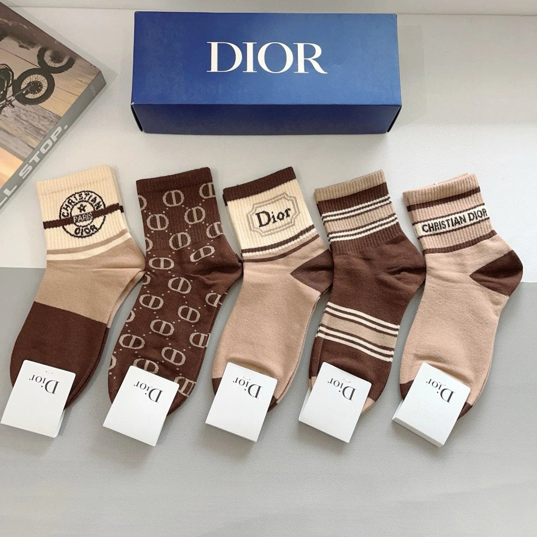 Dior Sock 【a Box5Double】Classic Letters logo Breathable and Stylish Pure Cotton Mid-Calf Socks25ss New Cotton Socks Thin Business Sports Casual Spring Summer Autumn Versatile Deodorant Sweat-Absorbing