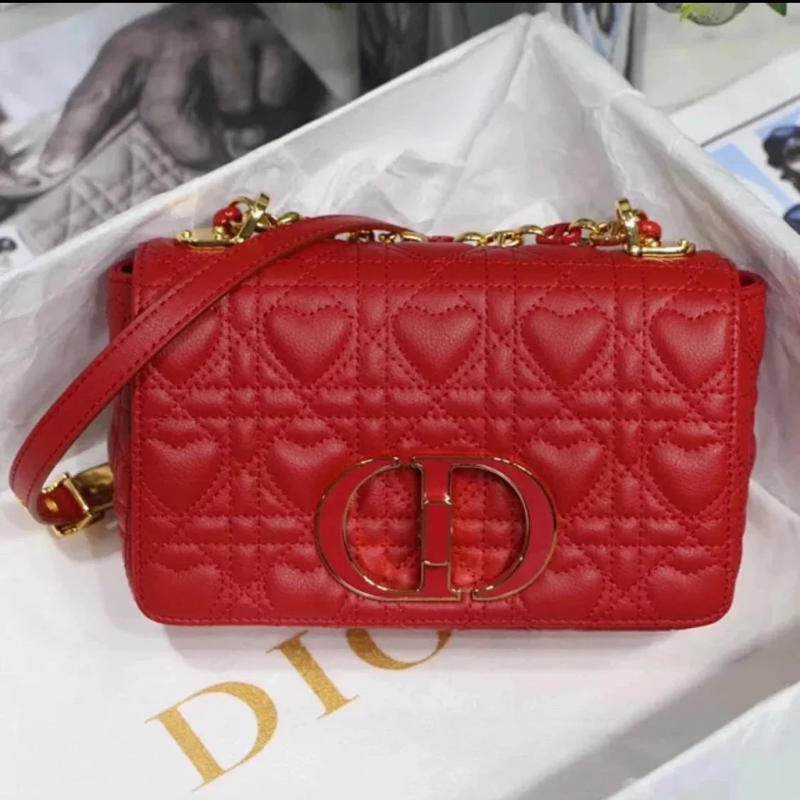 Dior Women's Bag Top version Caro2023Spring New,Cowhide with Classic Rhombus Women's Bag Chain Bag Shoulder Crossbody Handbag