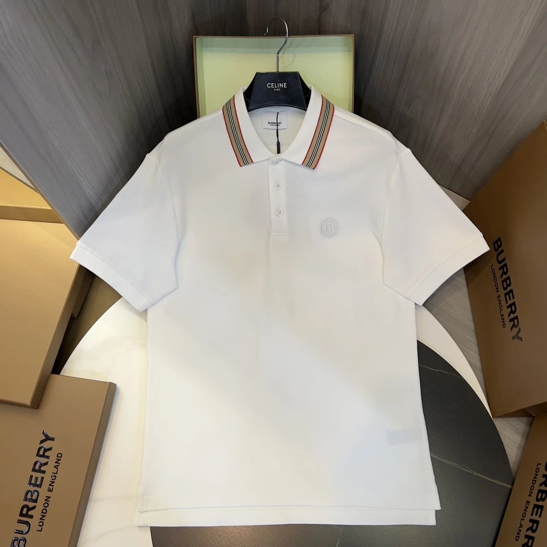 Burberry T-shirt Signature Stripes at the Neckline logoPOLO Shirt Lapel Short Sleeve25ss New Unisex Summer Short Sleeve OS Loose T Business Half Sleeve Shirt Plus Size T-Shirt