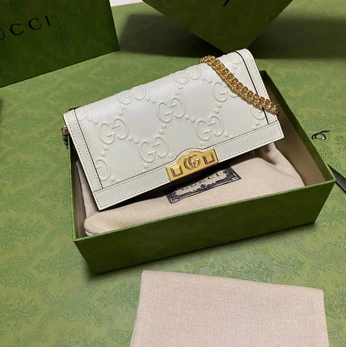 Gucci Wallet Top version 【Genuine Goods Leather Products】2022New WOC Envelope Package Chain Bag Long Wallet Brand New Cowhide Embossed Double Glogo Long Wallet Unisex Wallet