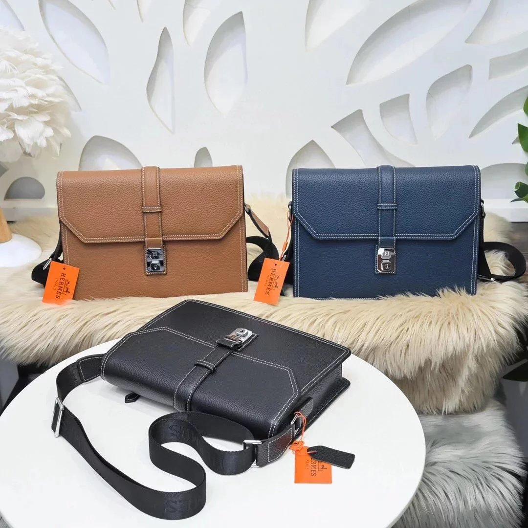 Hermes men's bag Top version Genuine Goods Grade New Classic Men's Fashion Crossbody Bag Men's Casual Shoulder Bag Men's Bag First Layer Cowhide Handbag Khaki Full Leather Black Canvas Handmade Big Bag