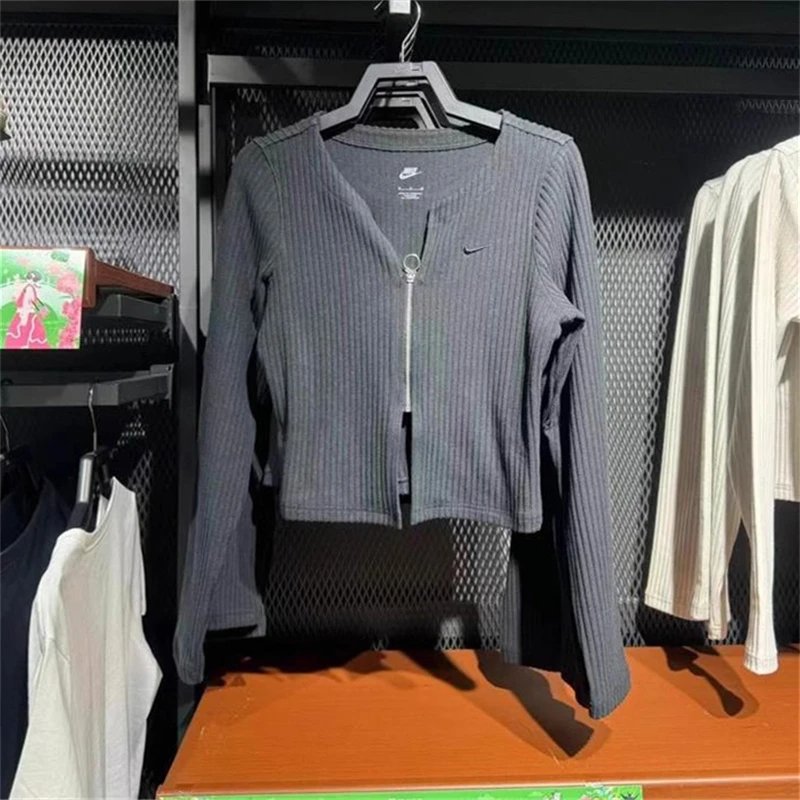 Nike 针织V领拉链外套女短款露脐运动休闲鱼骨长袖上衣FN3683