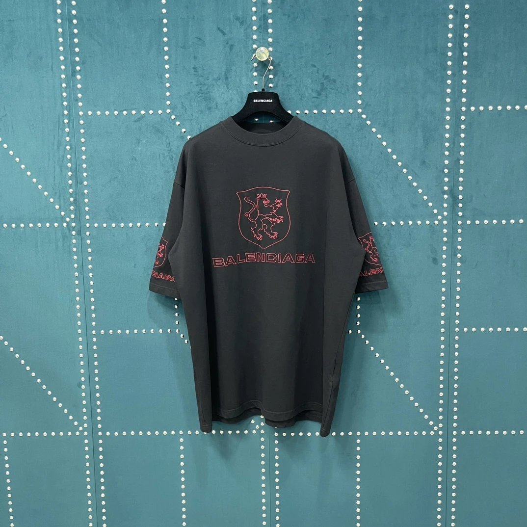 Balenciaga T-shirt Red stripe embroidery on the chest logo round Neck Short Sleeve25ss New Pure Cotton Unisex Style T T-shirt OS Loose Fit Base Shirt Top Half Sleeve T-Shirt