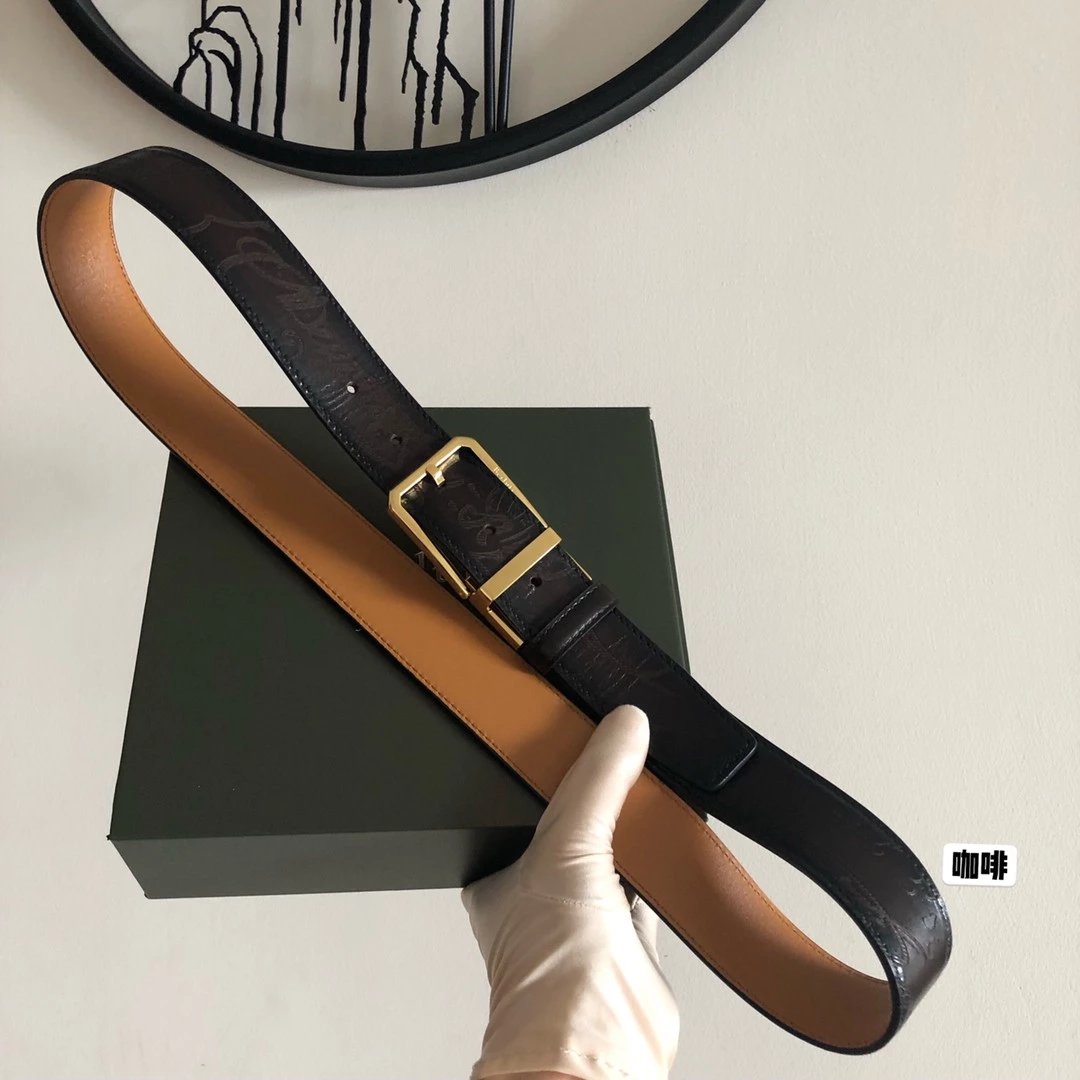 Berluti Belt Top version Original Single Men's New High-End Double-Sided Belt Waist Belt Pure Steel Rotating Pin Buckle Buckle Double-Sided Two-Color Totem Carving Carved Genuine Leather35mm Full Package Belt Men