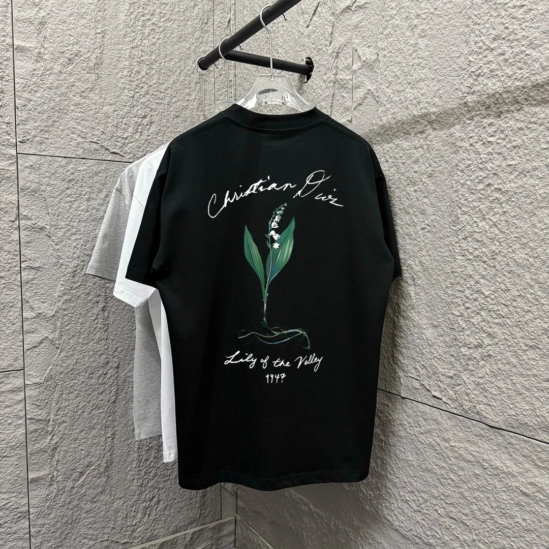 Dior T-shirt Chest Letter Embroidery Back Plant Print Round Neck Short Sleeve Pure Cotton T T-shirt ins Unisex Simple Summer New Casual Base Shirt T-Shirt