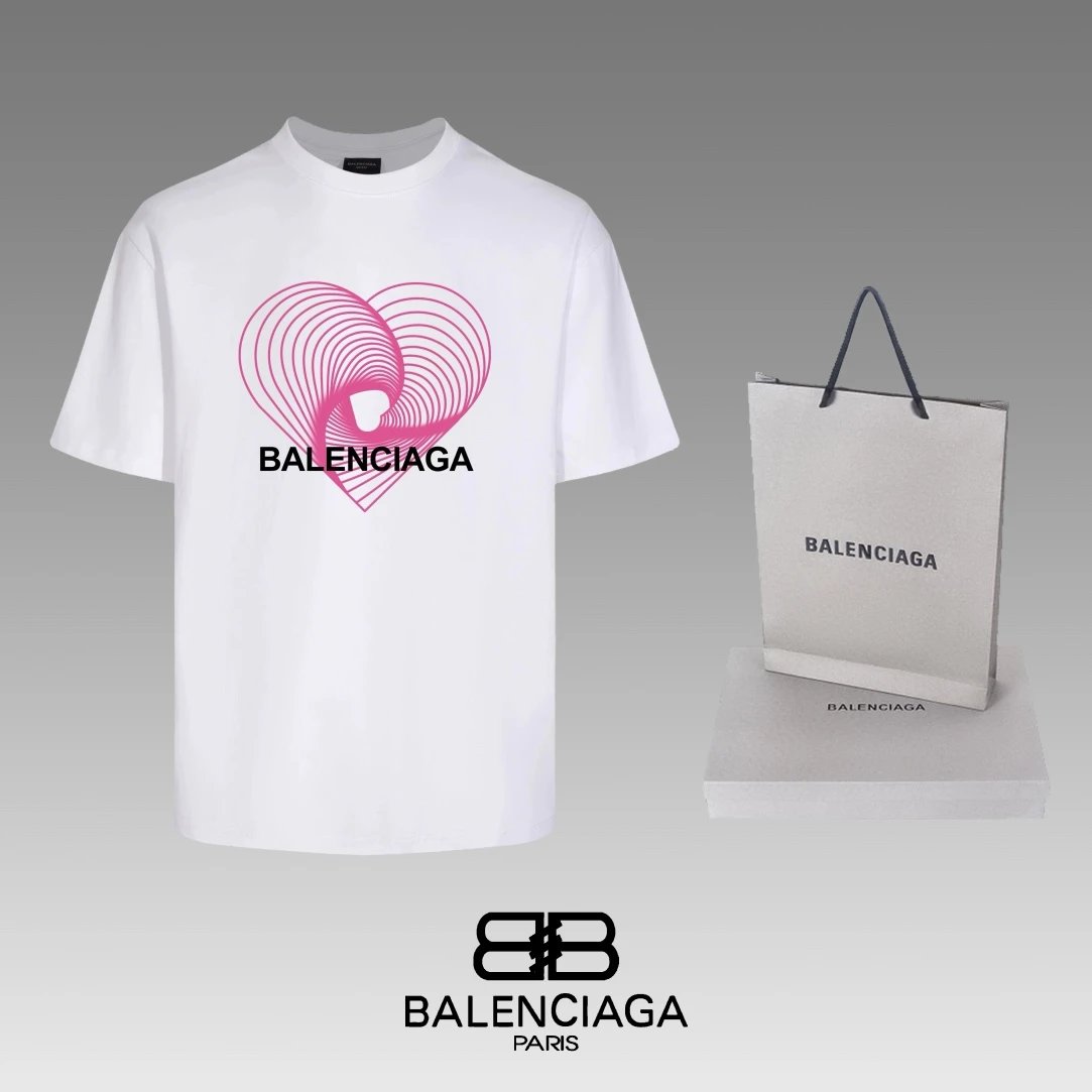 Balenciaga T-shirt Heart Pattern Print on Chest Curve logo round Neck Short Sleeve25ss New Pure Cotton Unisex Style T Casual T-Shirt Base Layer Shirt OS Loose Fit Half Sleeve Top Plus Size