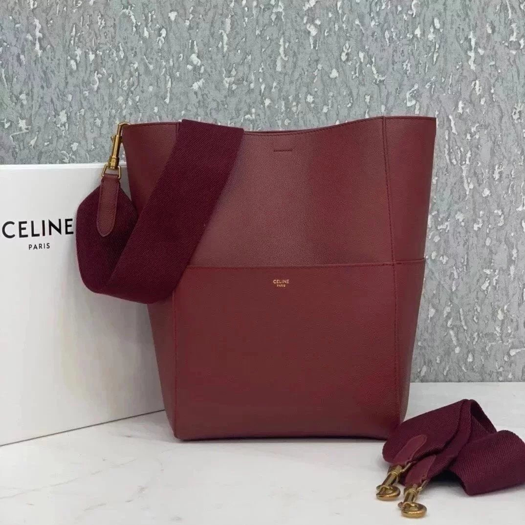 Celine women's bag Top version 【Level Surrogate Shopping】Large Size SeauSangleBucket Large Bucket Bag tote Tote Bag Litchi Grain Cowhide Commuter Bag Celine Women's Bag Mummy Bag sangle Bucket Bag Large