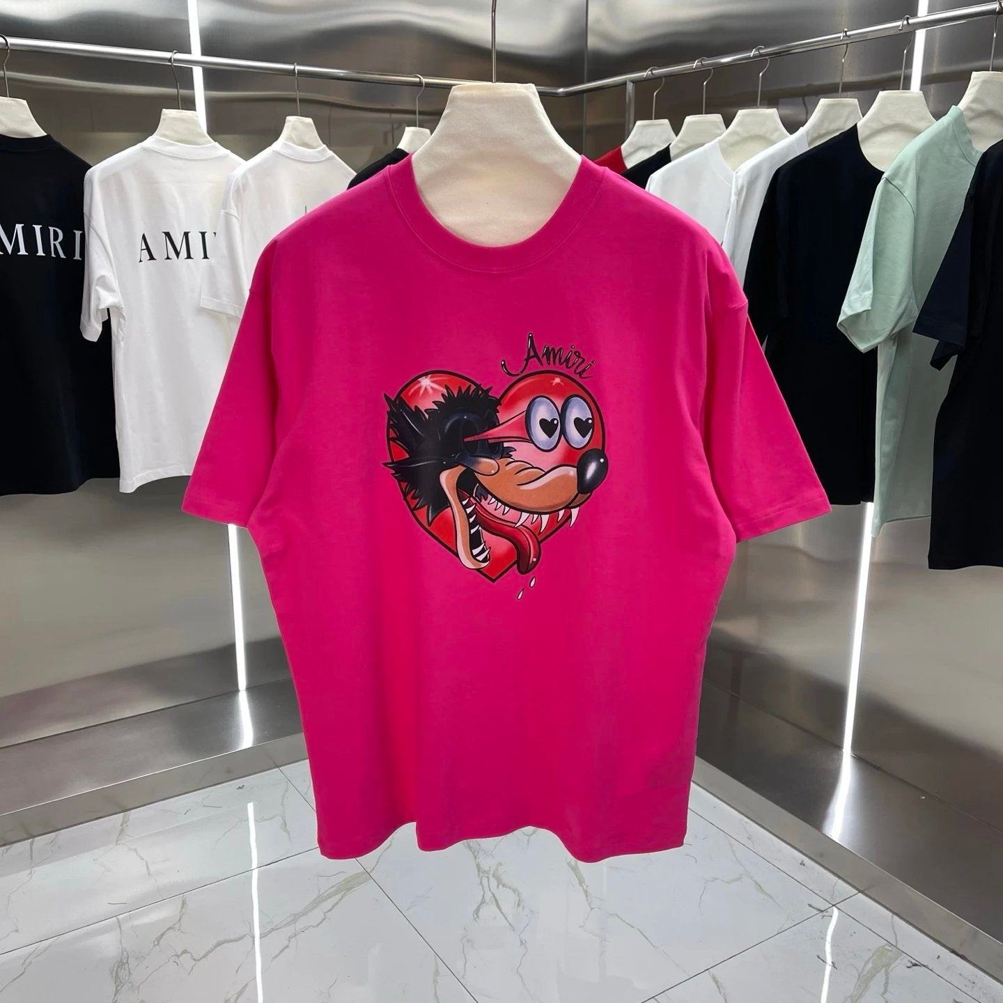Amiri T-shirt Heart Cartoon Pattern Print on Chest logo round Neck Short Sleeve25ss New Pure Cotton Unisex Style T T-shirt OS Loose Fit Base Shirt Half Sleeve T-Shirt Top Half Sleeve