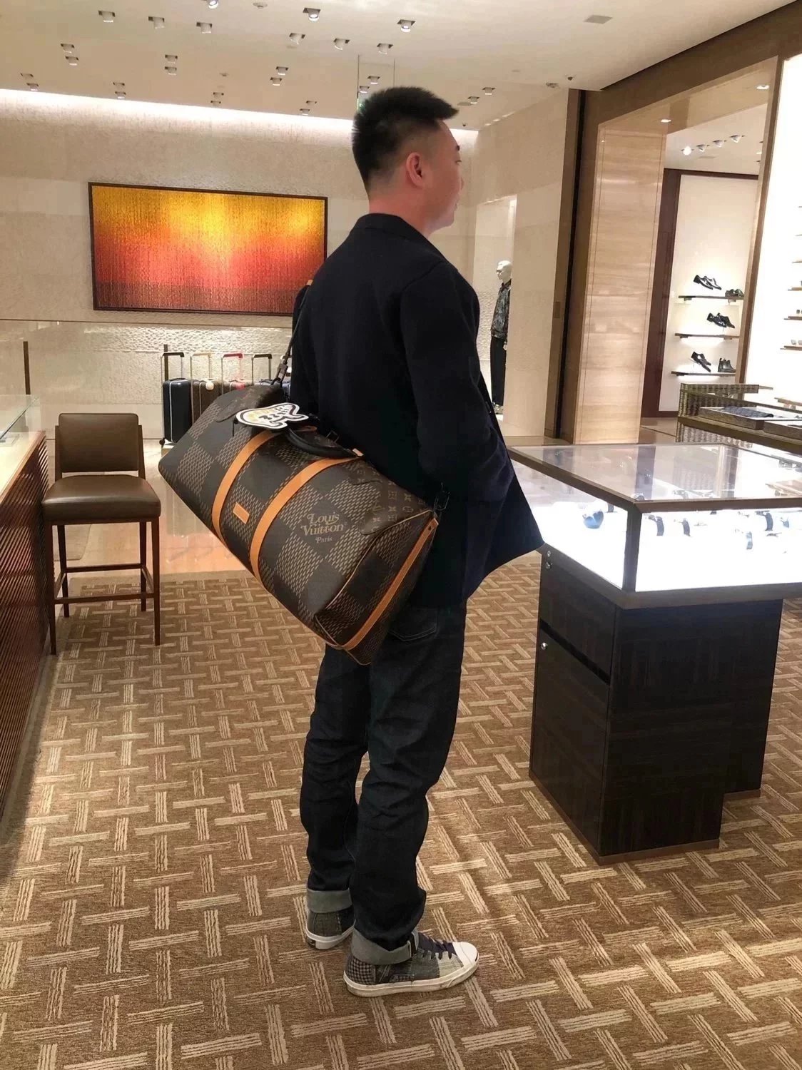 Louis Vuitton LV Travel Bag Top version 【Spot Goods】N40360Nigo Men's Chessboard Bag Keepall50Travel Bag Presbyopic Canvas Stitching Leather Men's Handbag Travel Bag Luggage Bag