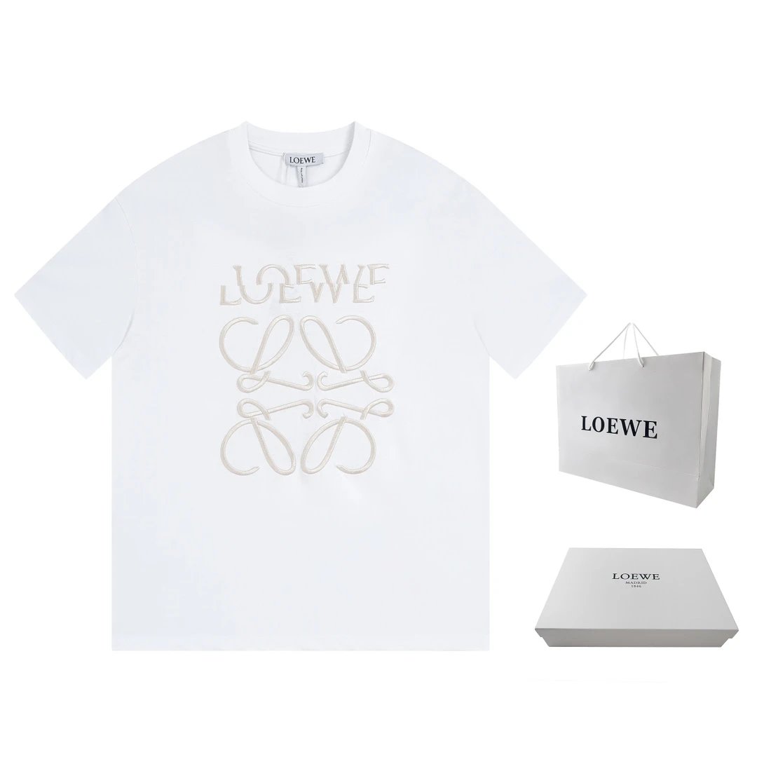 LOEWE T-shirt Gold embroidery on the chest is misaligned large logo round Neck Short Sleeve25ss New Pure Cotton Unisex Style T T-shirt OS Loose Fit Base Shirt G Home Top Half Sleeve T-Shirt