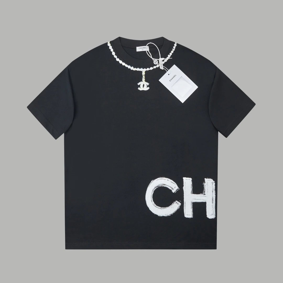 Chanel T-shirt Necklace with Front and Back Letter Print logo round Neck Short Sleeve25ss New Pure Cotton Unisex Style T Casual T-Shirt Base Layer Shirt OS Loose Fit Half Sleeve Top Plus Size