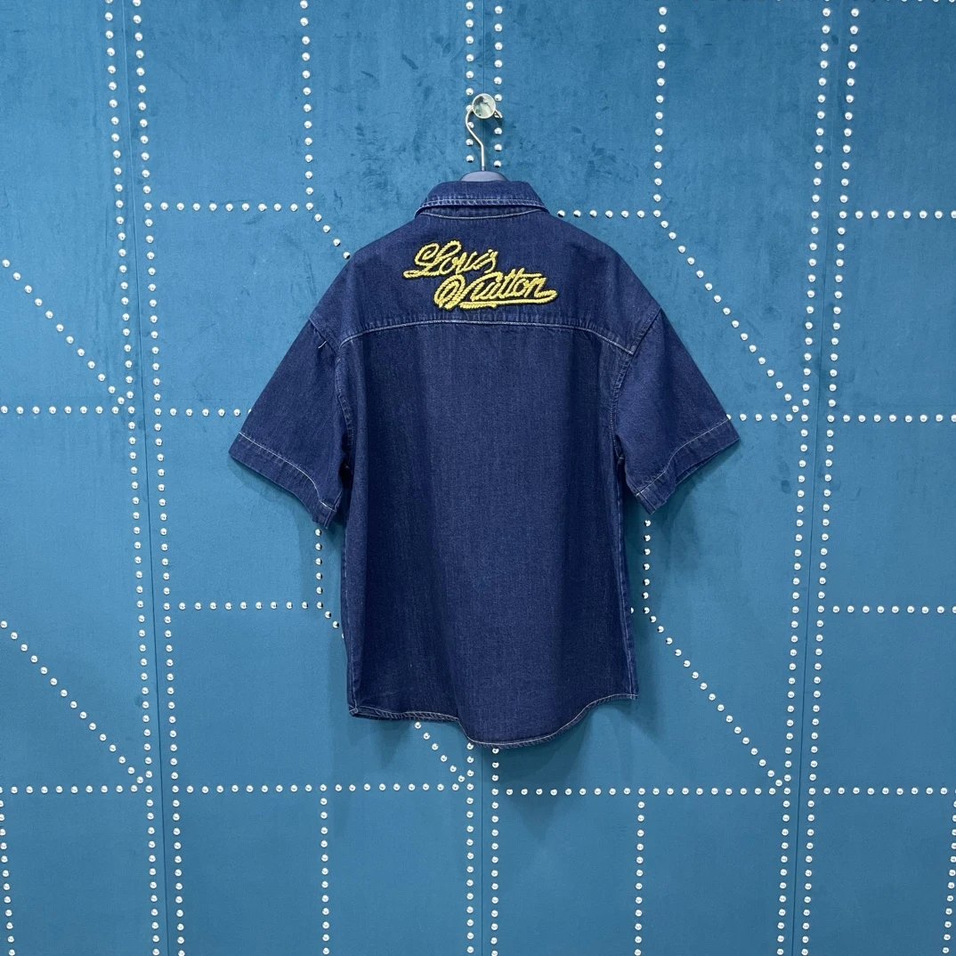 Louis Vuitton LV Shirt Back Strap Signature Letter Embroidery logo Shijia Turn-down Collar Short Sleeve Shirt Versatile Business Unisex Casual Slim Fit Jacket