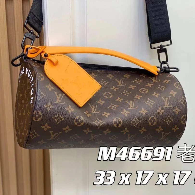 Louis Vuitton LV Men's Bag Top version New Sunset Orange Yellow Leather round Bag round Drum Bag Papillon Cylinder Men's Shoulder Messenger Handbag Pillow Bag Papillon Small Size Black Flower Chessboard Plaid Black Plaid Yellow Flower