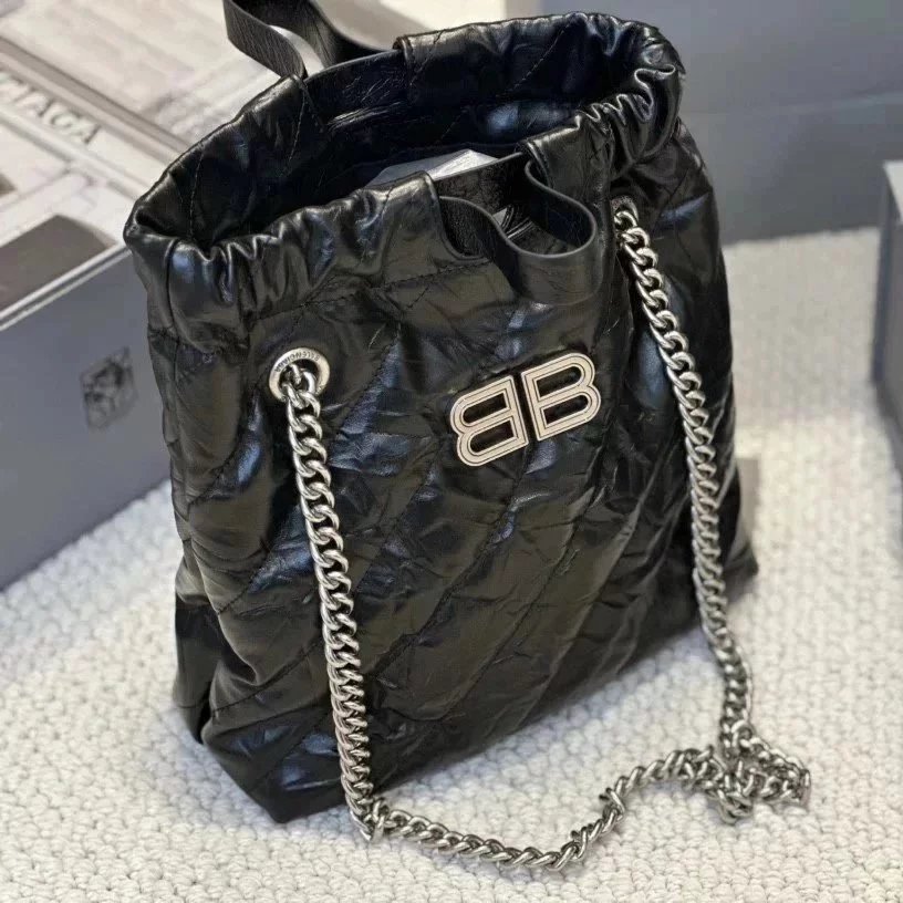 Balenciaga Bag Top version Women's Bag2024Spring New CRUSH Chain Bag Small Size Quilted Cowhide Tote Garbage Bag Bucket Bag Commuter Shoulder Messenger Bag